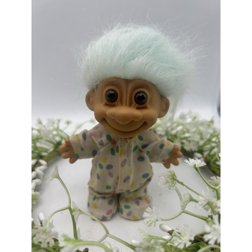 Vintage Russ Troll Doll 18386 Polka Dot Pajamas Green Hair Peek-A-Boo Flap